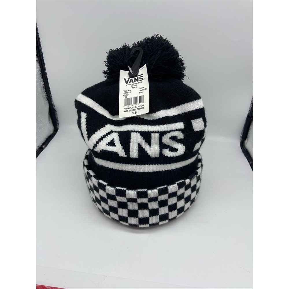 Vans Spirit Pom Beanie Black White Checkerboard Logo Knit Hat‎ VN0A5LG3Y28 NEW